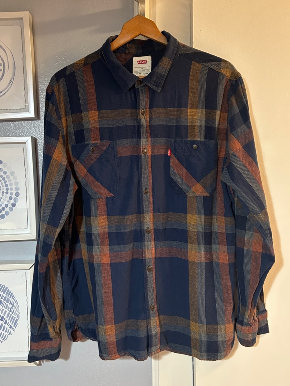 Levi's Navy Plaid Button-Down Shirt with Rust and Mustard Stripes Size XL